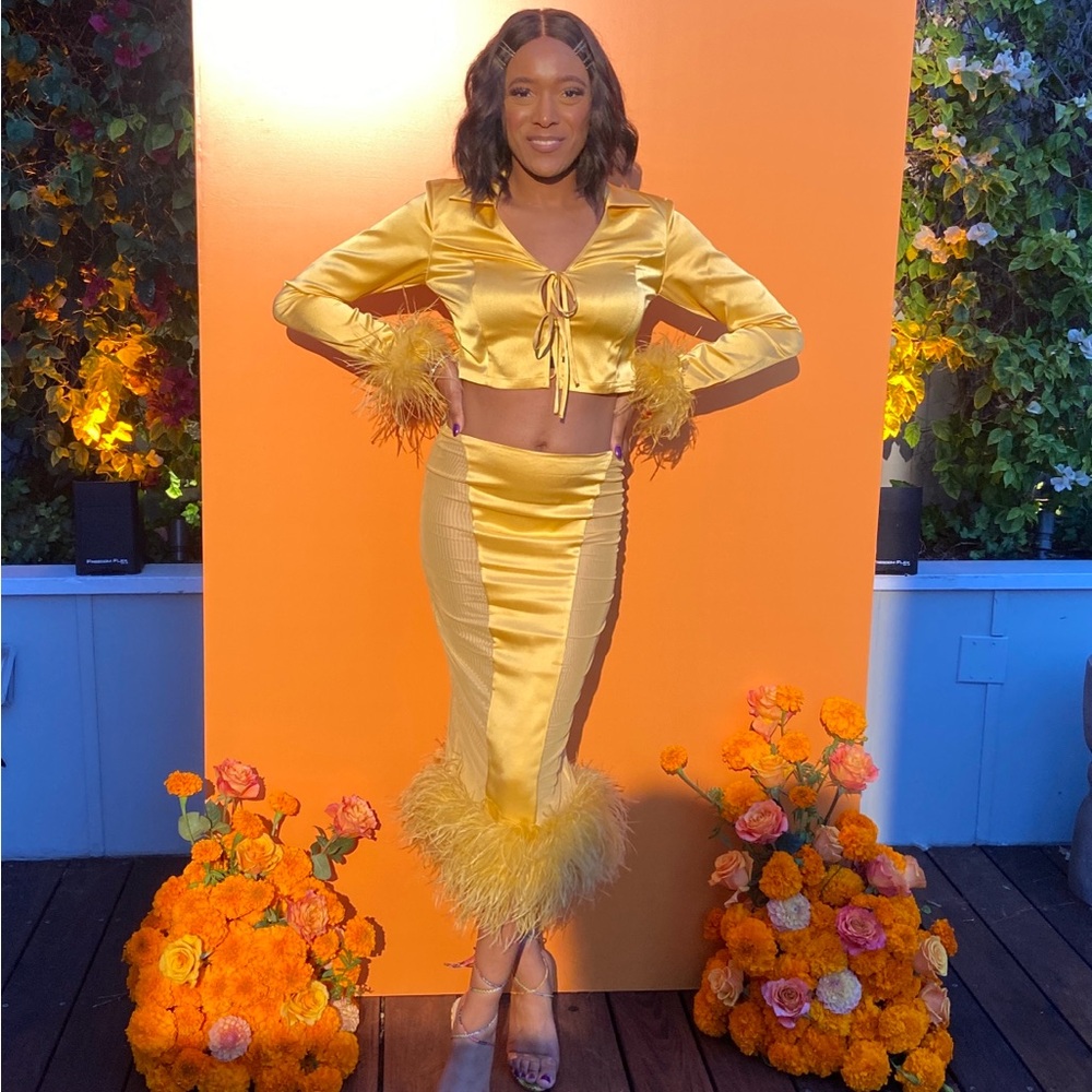 Miss Circle Melissa Yellow Feather Trim Satin Top & skirt